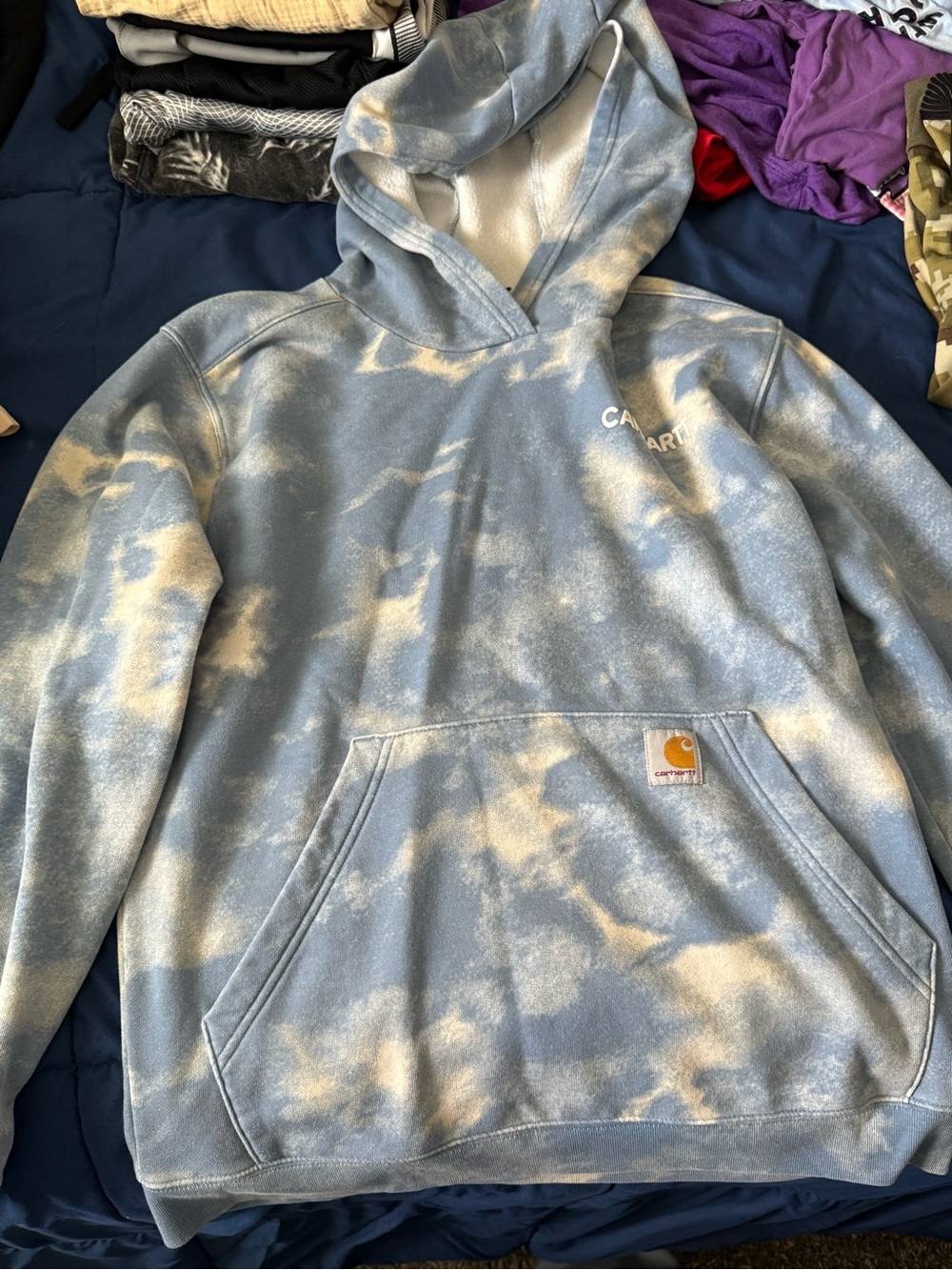 Carhartt Light Blue and White Tie-Dye Pullover Hoodie